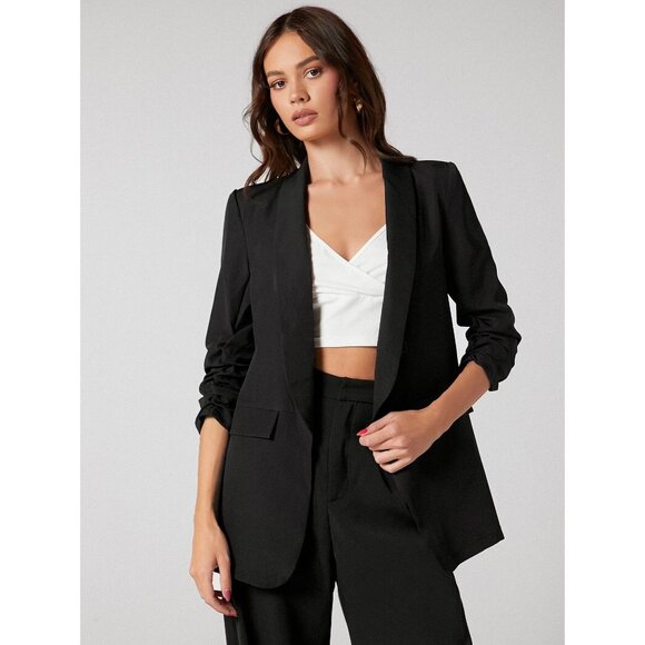 Black Longline Blazer Open Front Minimalist Business Casual - Picture 1 of 6